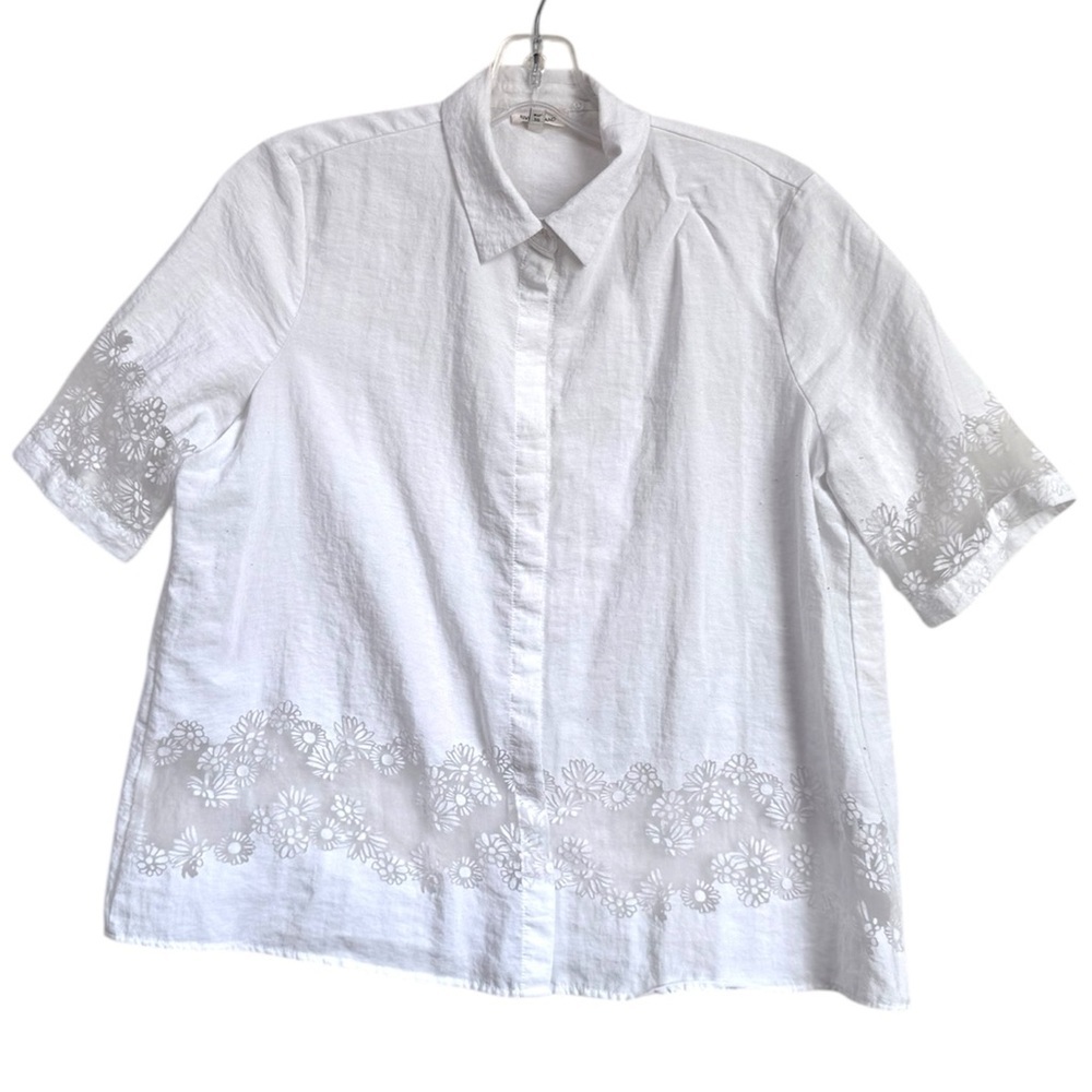 River Island Boxy Sheer Floral Button Up Crop Shirt Lightweight Airy White Fairy